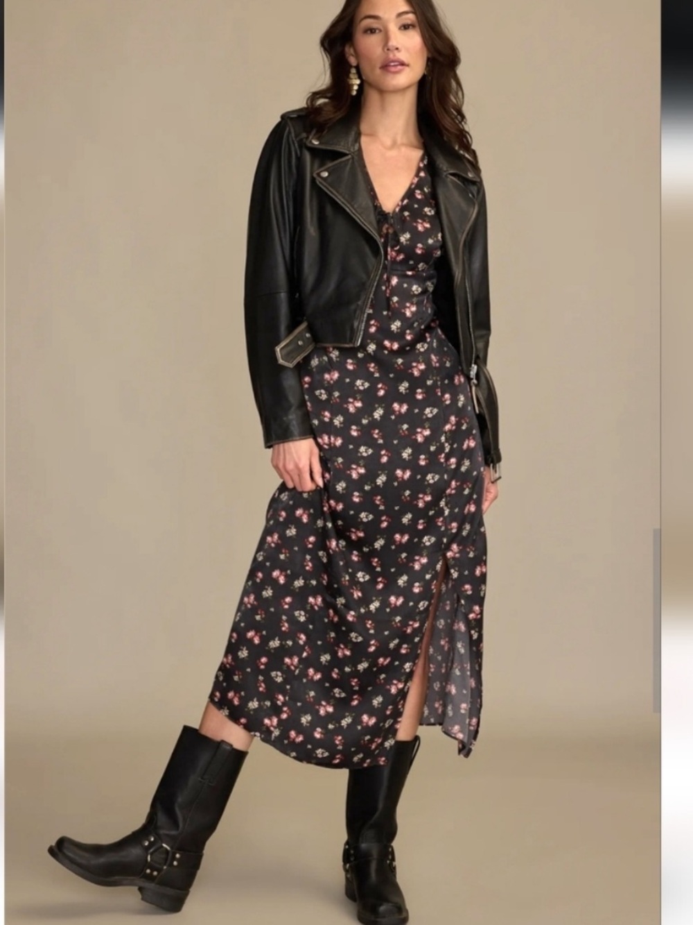 NWT Lucky Brand Black Floral Flutter Sleeve Midi Dress Boho Front Slit Size XL - Picture 4 of 14